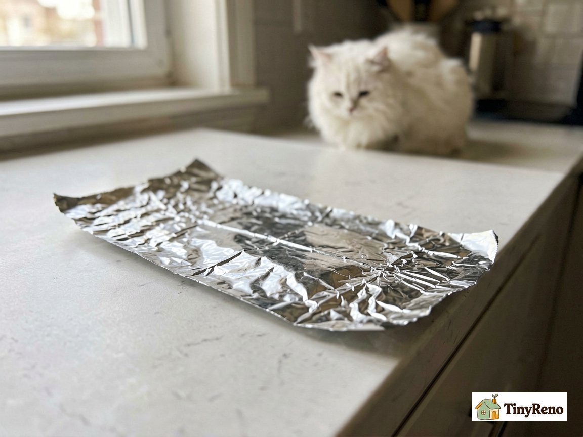 A strip of crumpled aluminum foil on a white kitchen counter edge with a clump of white cat fur in the distance