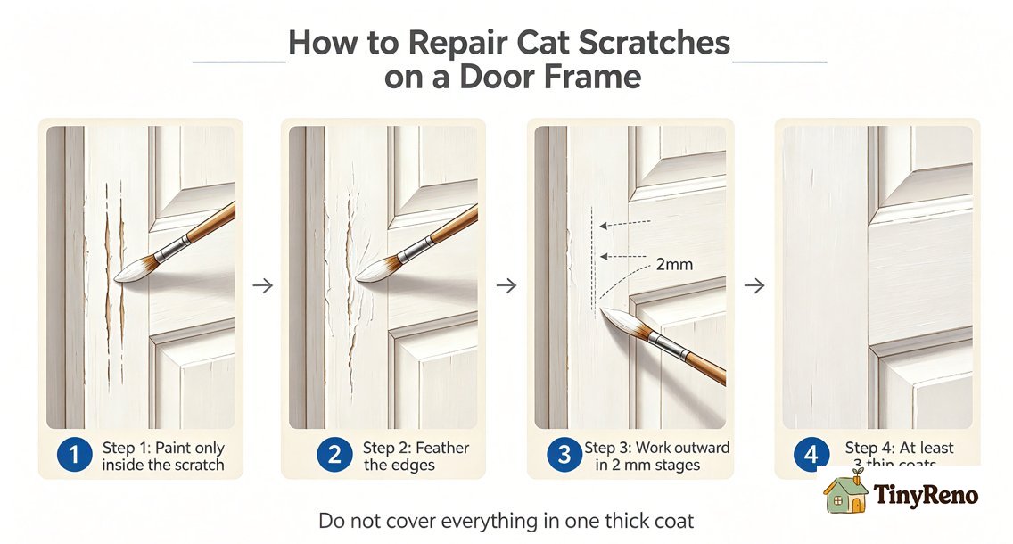 The process of repairing deep cat scratches on a wooden door