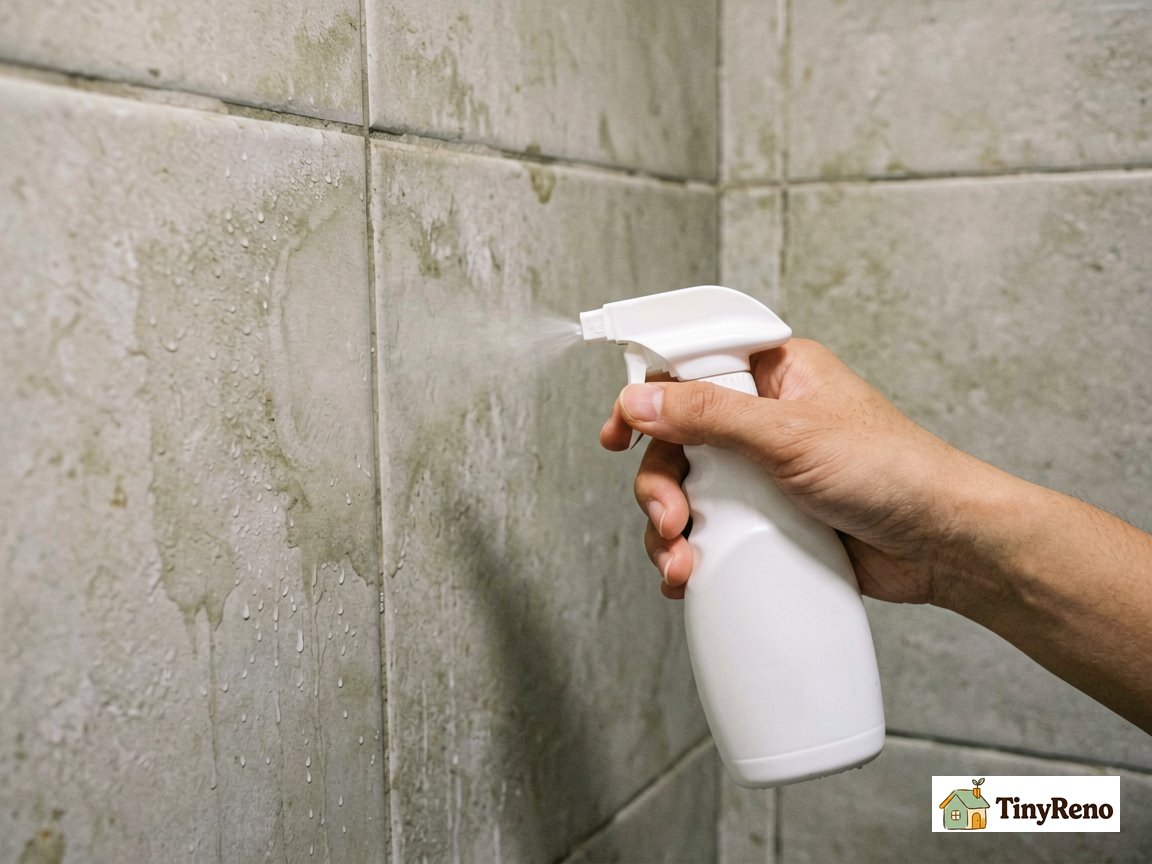 A hand holding a small white spray bottle squirting cleaning solution onto a mouldy bathroom wall corner