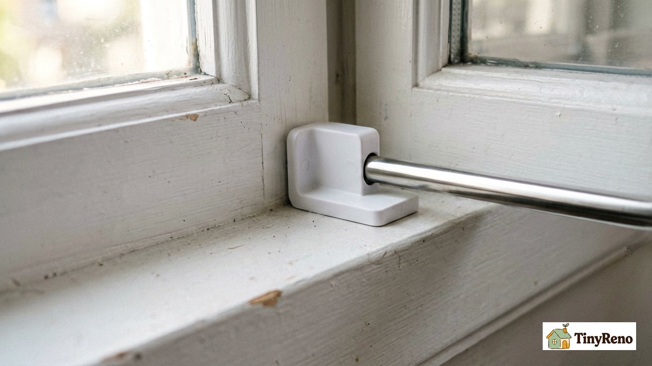 Close-up of a Kwik-Hang bracket hooked onto a window frame with a curtain rod resting inside