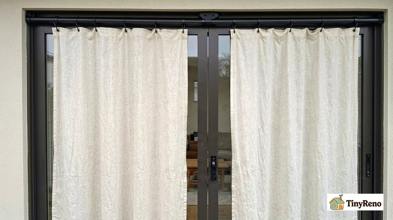 A magnetic curtain rod spanning a dark metal patio door frame with cream linen curtains hanging