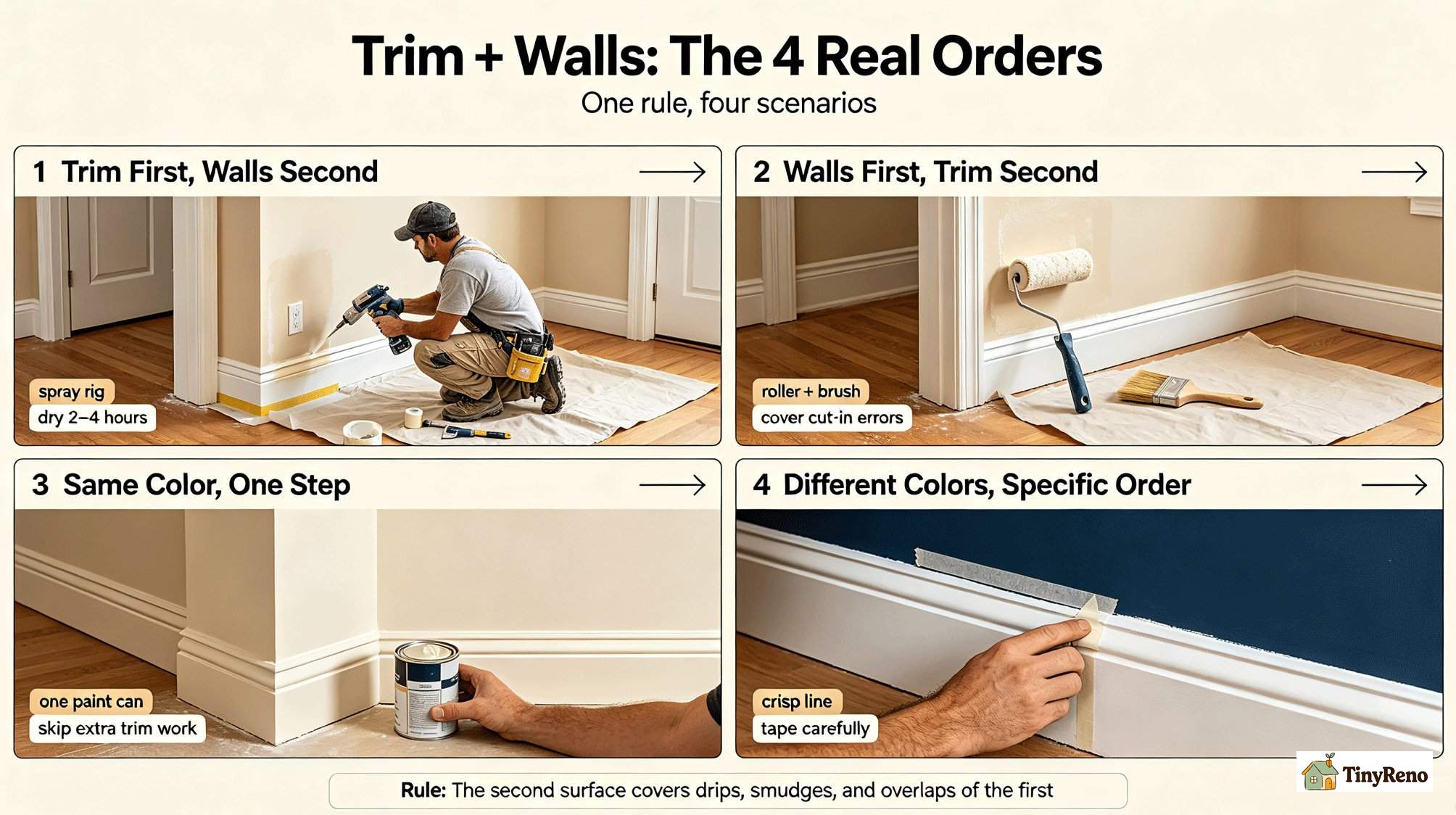2x3 grid infographic showing 6 trim and wall paint order scenarios