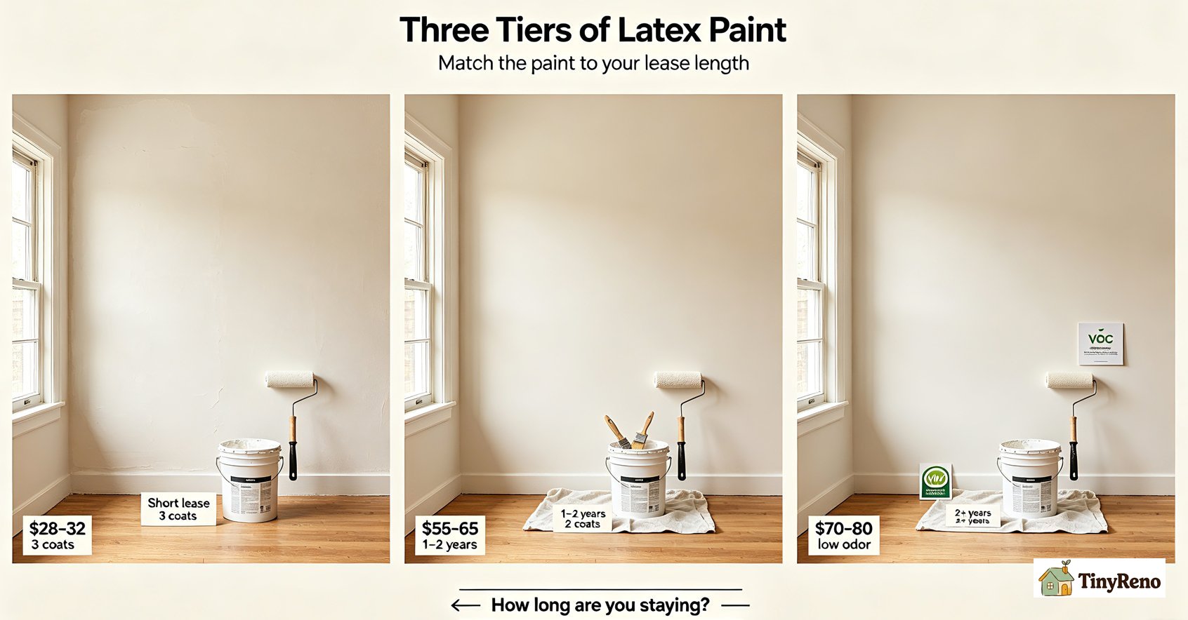 There are many types of paint, and the appropriate one should be selected based on different prices, lease terms, number of coats, and odor variations.
