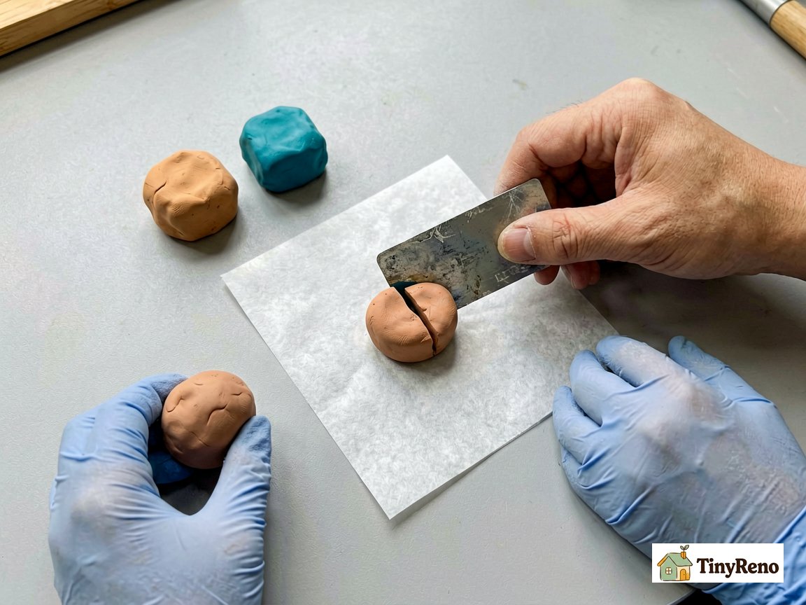 Mixing two-part wood filler: slice equal parts of A and B putty then fold 30 times until color is uniform