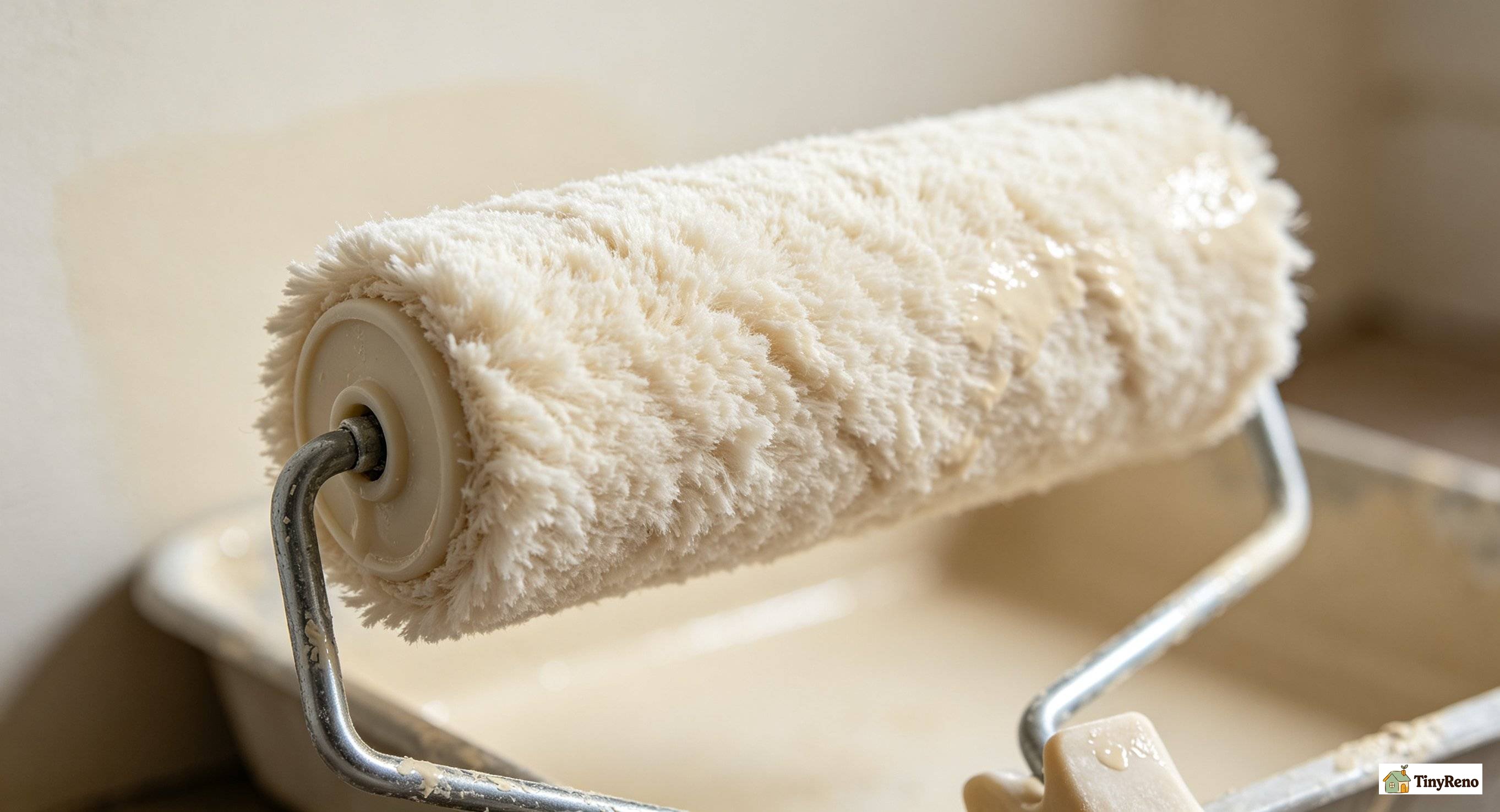 Close-up of a paint roller with nap and frame visible