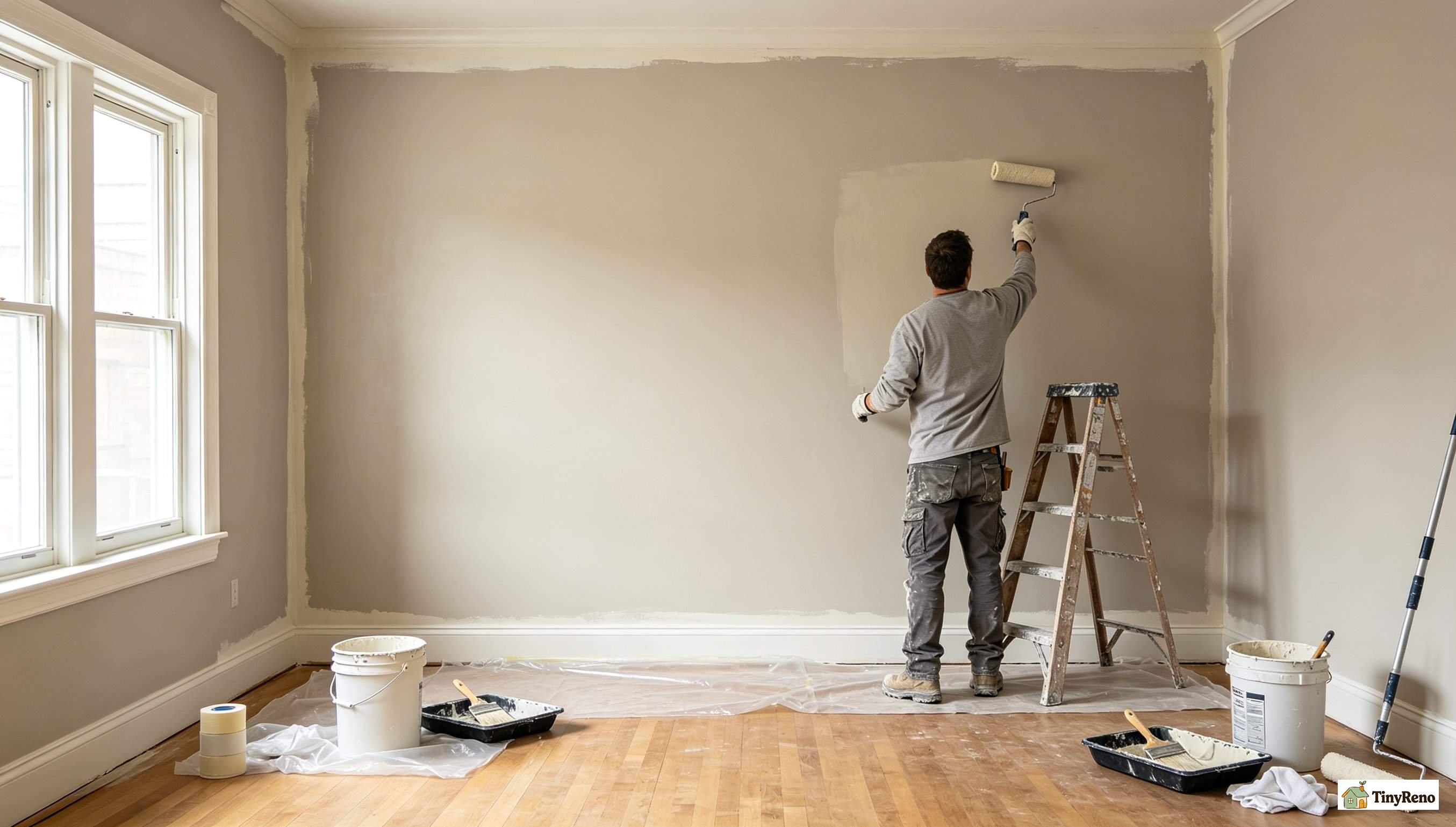 A freshly painted room with a paint roller and drop cloth visible