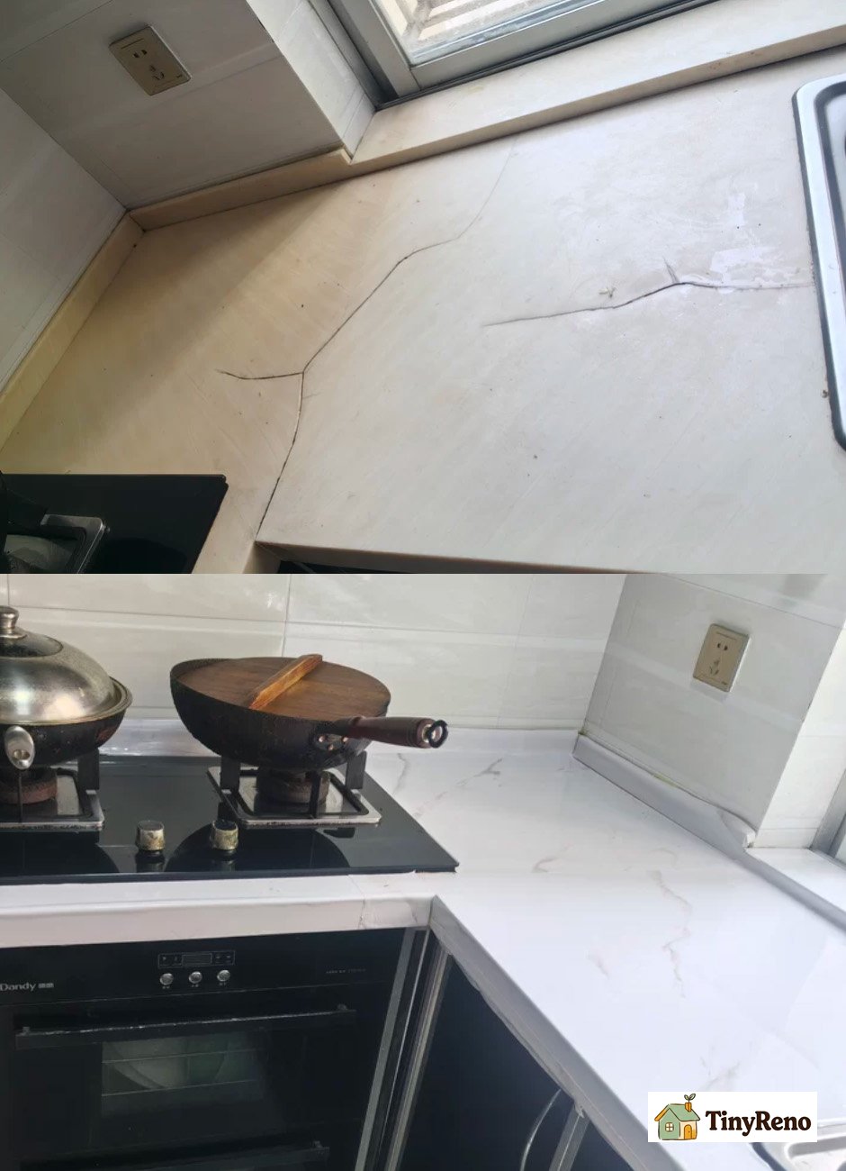 Before and after applying self-adhesive vinyl tile