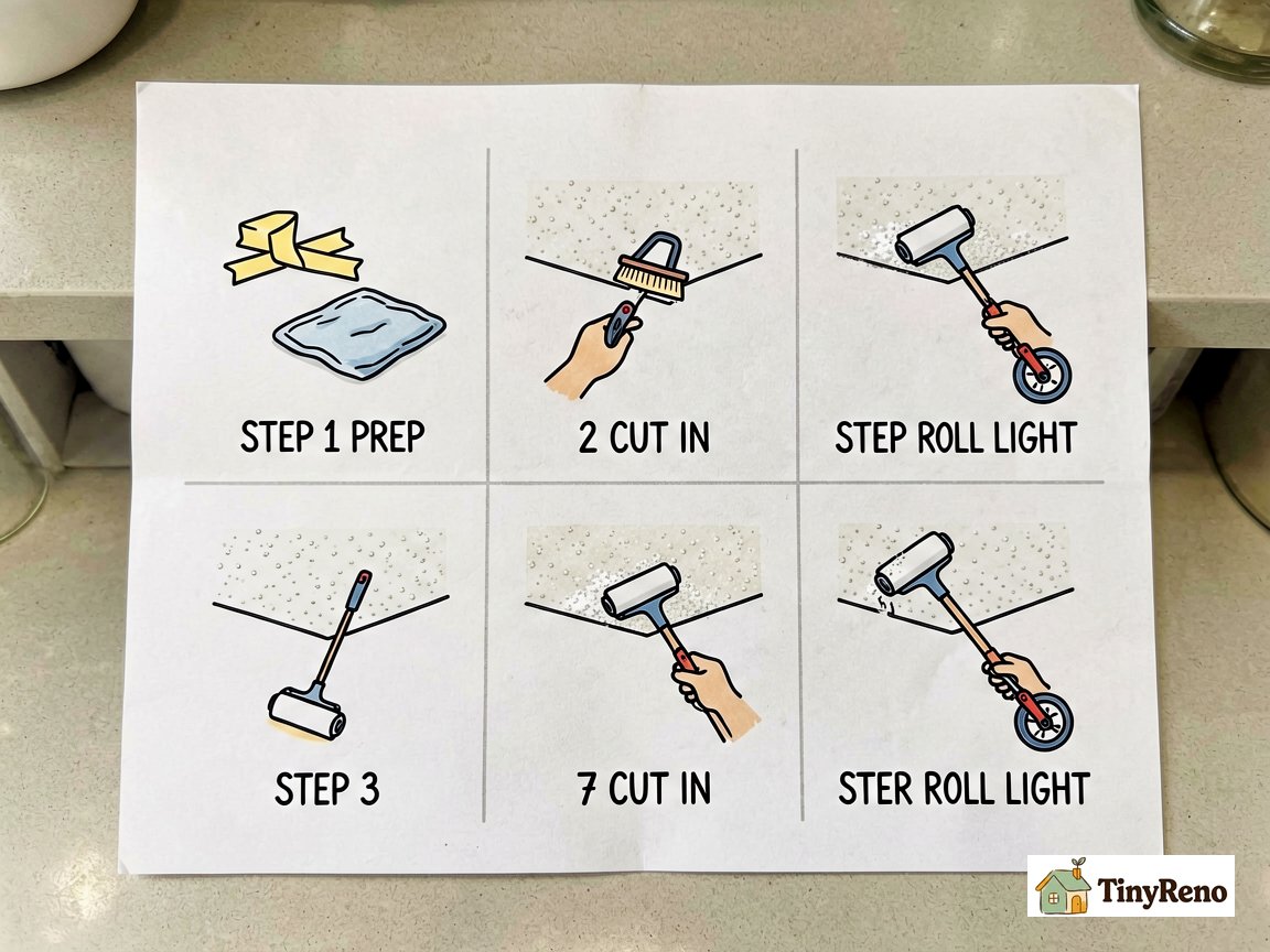 Repainting popcorn ceiling in 3 steps infographic grid showing prep, cut in with brush, roll light with thick nap roller