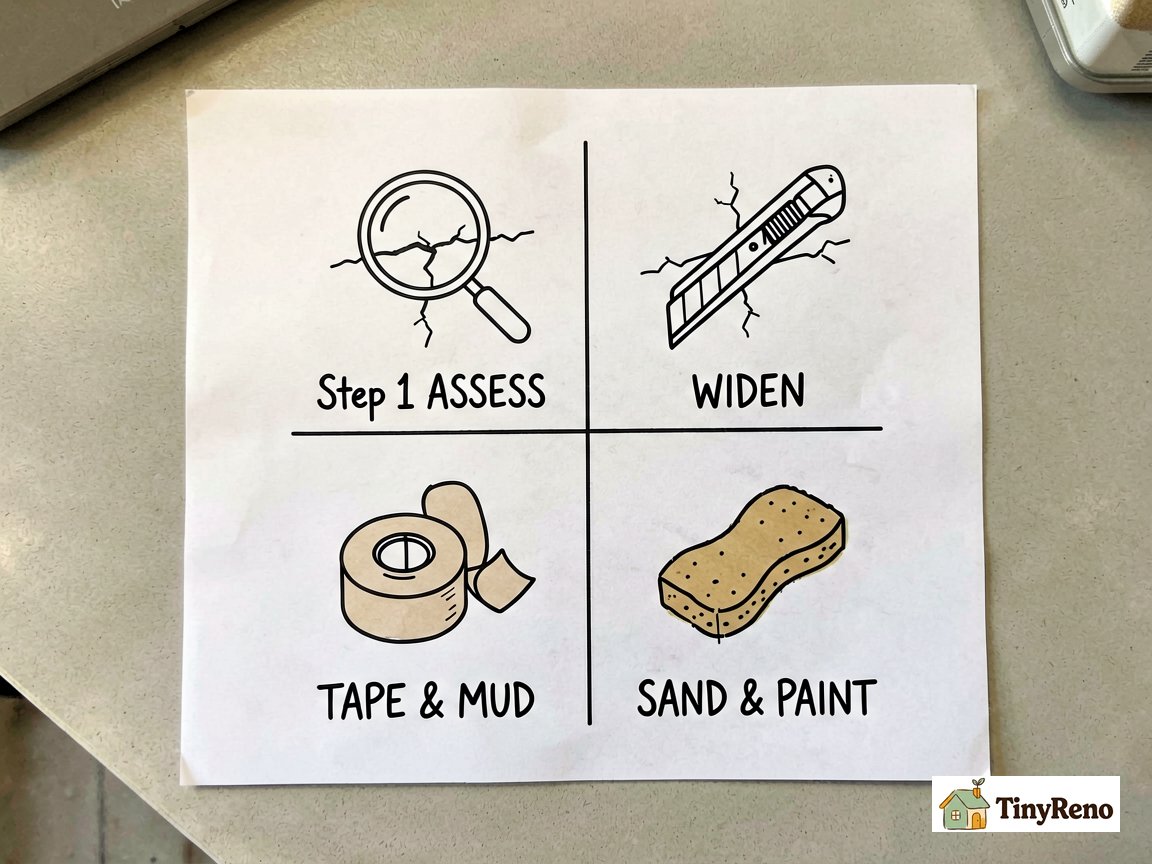 Hairline ceiling crack repair in 4 steps infographic grid showing assess, widen, tape and mud, sand and paint