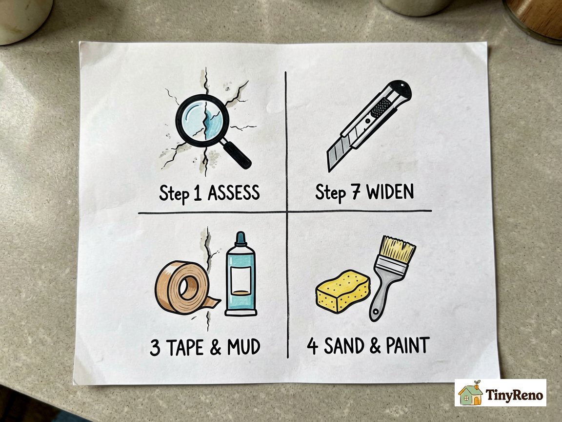 Fixing settlement cracks in drywall in 4 steps infographic grid showing assess, widen, tape and mud, sand and paint