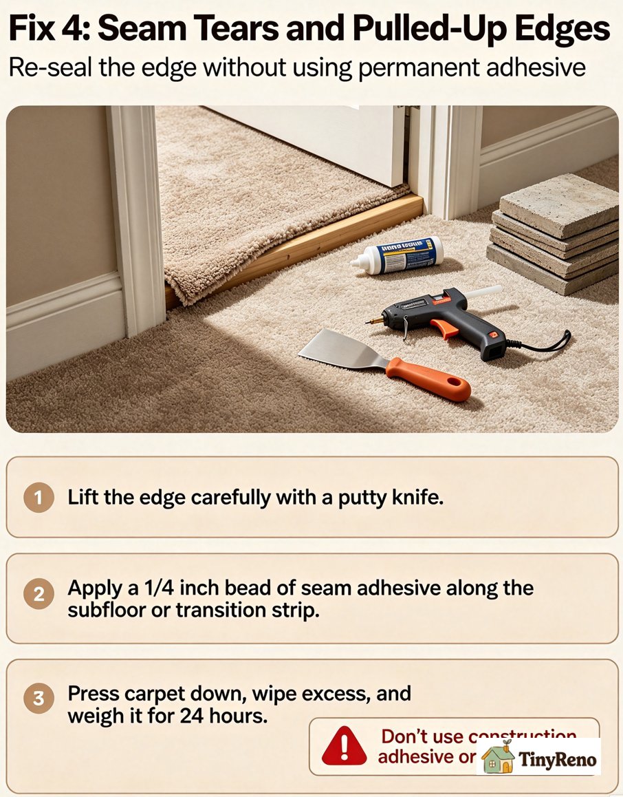 Repair methods for carpet seam tearing and edge curling