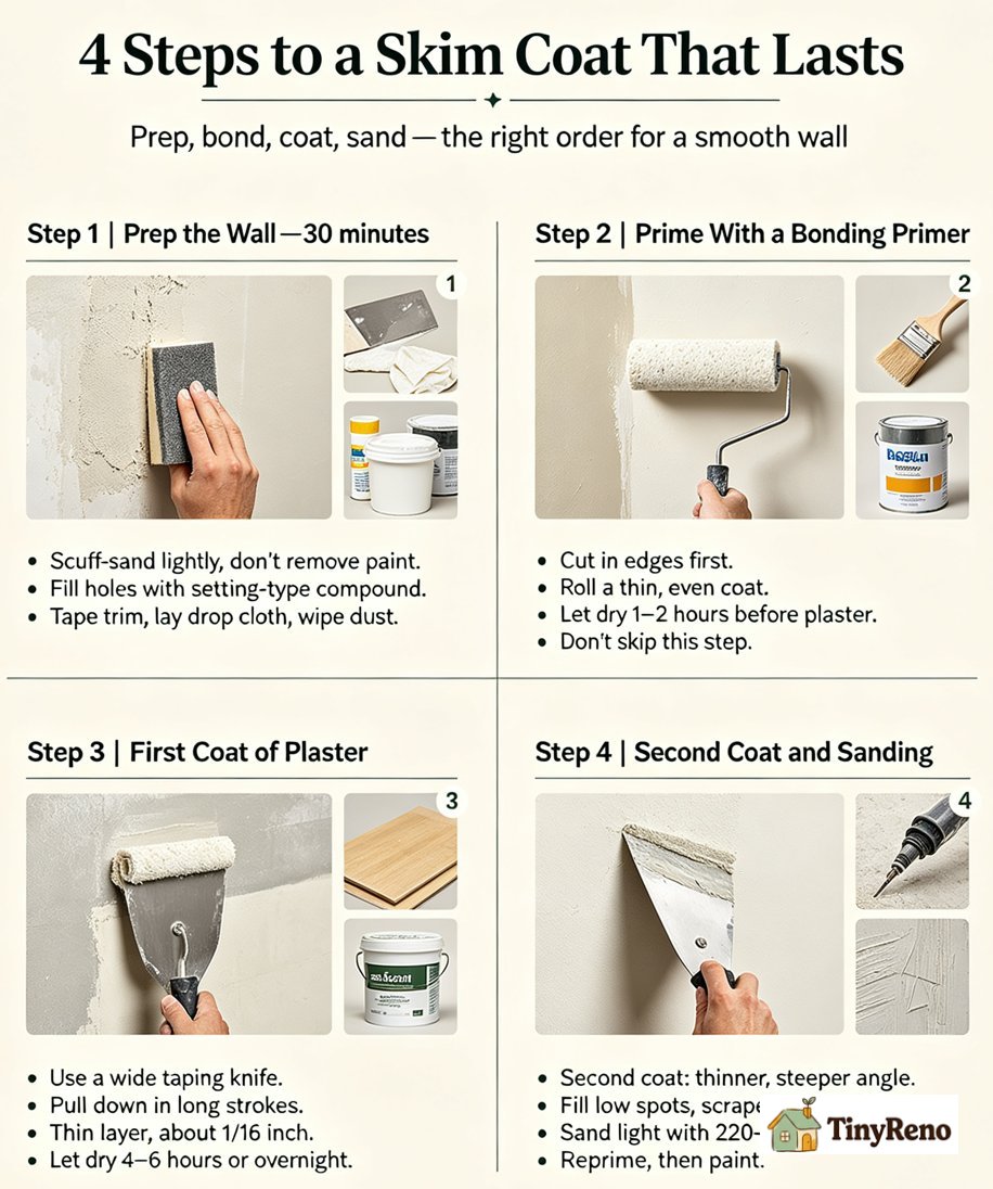 Plastering over drywall in 4 steps infographic grid showing prep, prime, first coat, second coat
