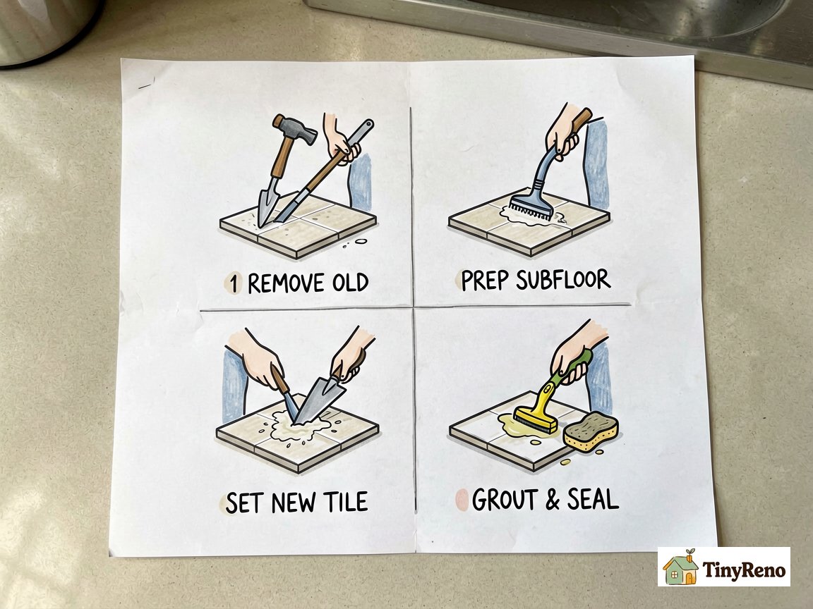 Replacing tile floor in 4 steps infographic grid showing remove old tile, prep subfloor, set new tile with mortar, grout and seal
