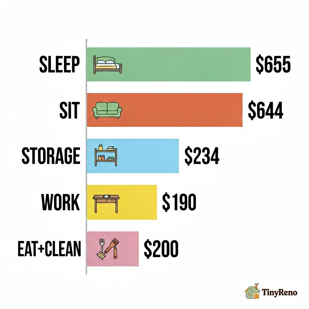 Horizontal bar chart showing 5 apartment furnishing categories and their costs: Sleep $655, Sit $644, Storage $234, Work $190, Eat+Clean $200, with bright pastel colors and simple icons