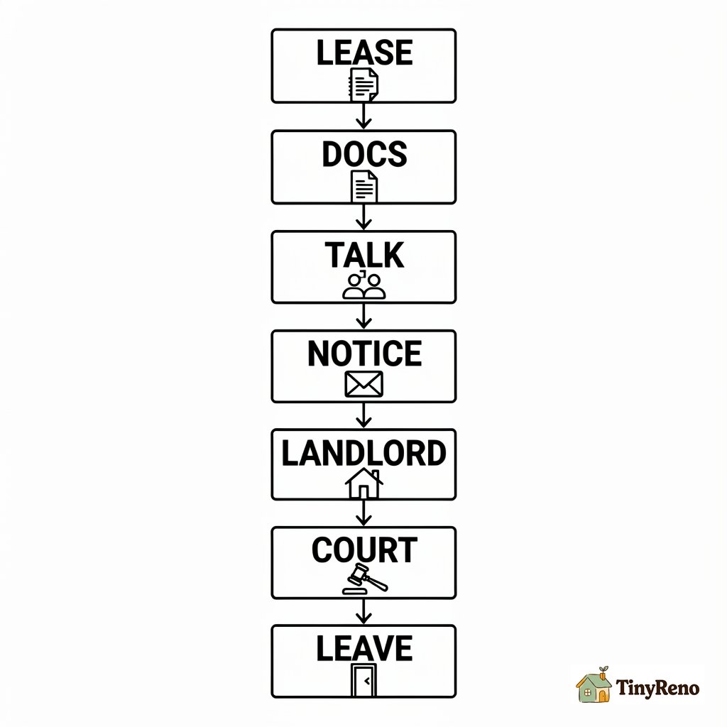 Vertical 7-step workflow diagram showing the eviction process: lease, docs, talk, notice, landlord, court, leave