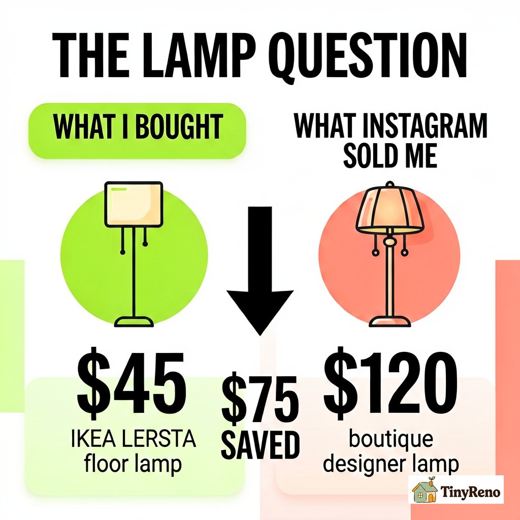 Two-column comparison of floor lamps: left shows $45 IKEA LERSTA actually bought, right shows $120 boutique designer lamp Instagram suggested, with $75 saved callout in the middle, bright sage and coral accents