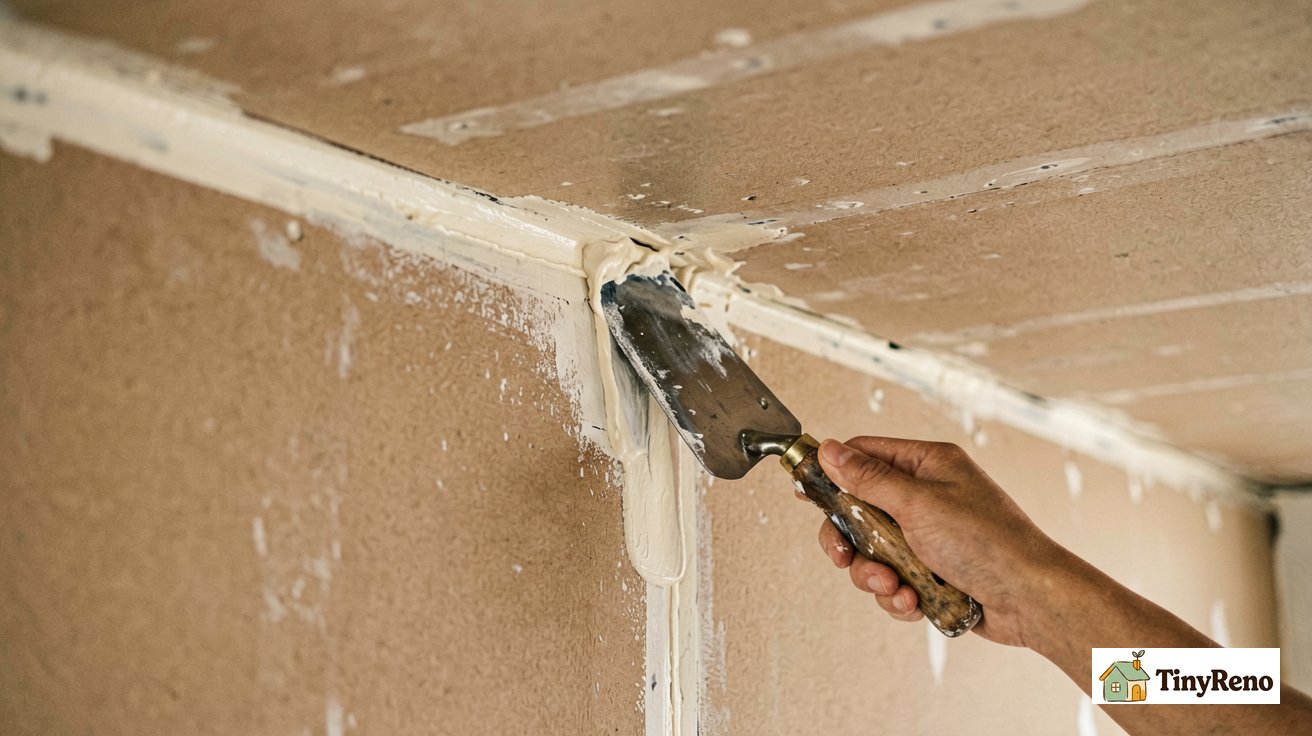 Two-panel drywall layout showing ceiling panel meeting wall panel at the seam with joint compound being applied