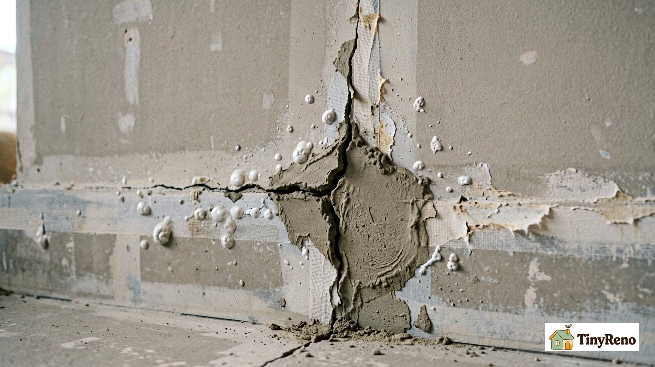 A drywall patch with visible crack running along the butt joint and paint bubbling where a coat was applied over uncured mud
