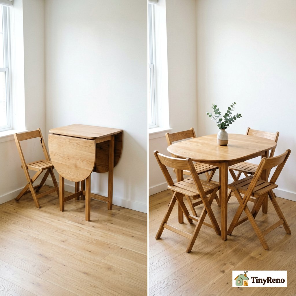 Split-screen comparison of a small modern studio dining corner: left panel shows a gateleg table fully closed with one wooden folding chair pushed against the wall, right panel shows the same table fully open with both leaves down and four plain wooden folding chairs around it with a small ceramic vase and eucalyptus in the center