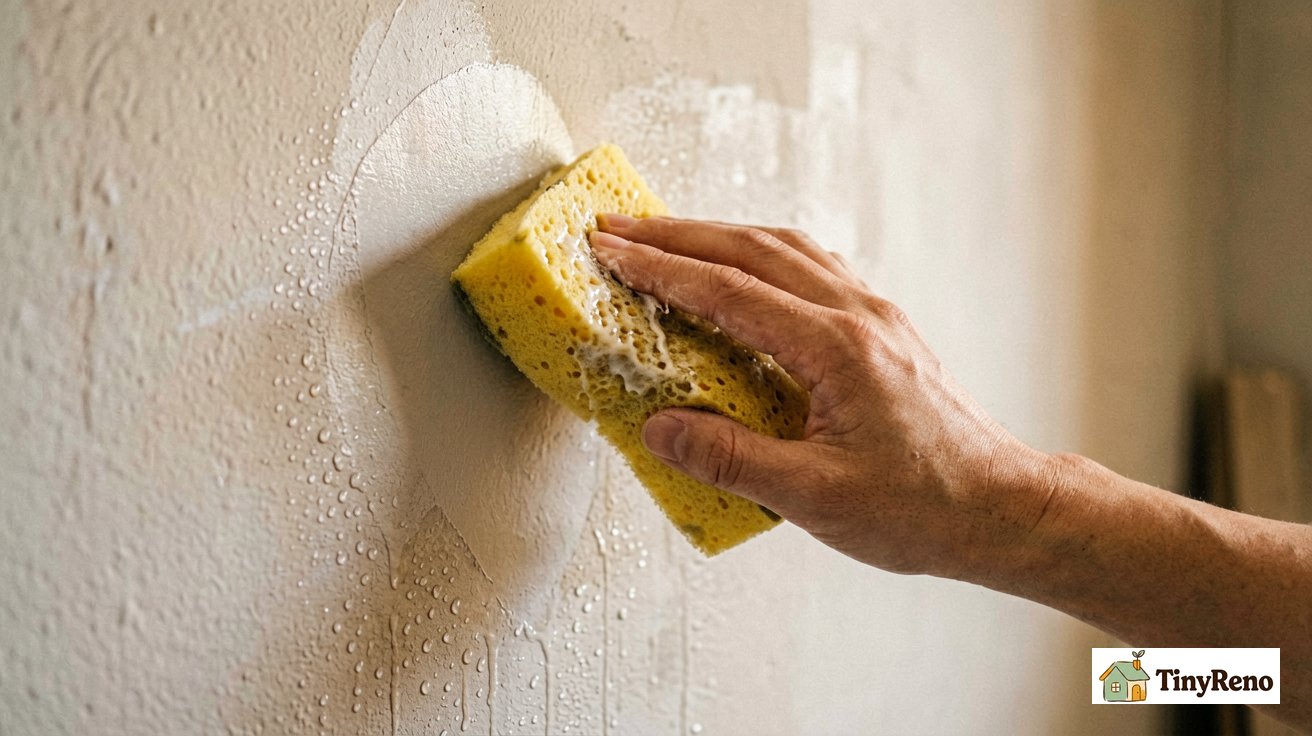 Hand in close-up wiping a damp yellow dual-sided sponge across a wall patch in gentle circular motion