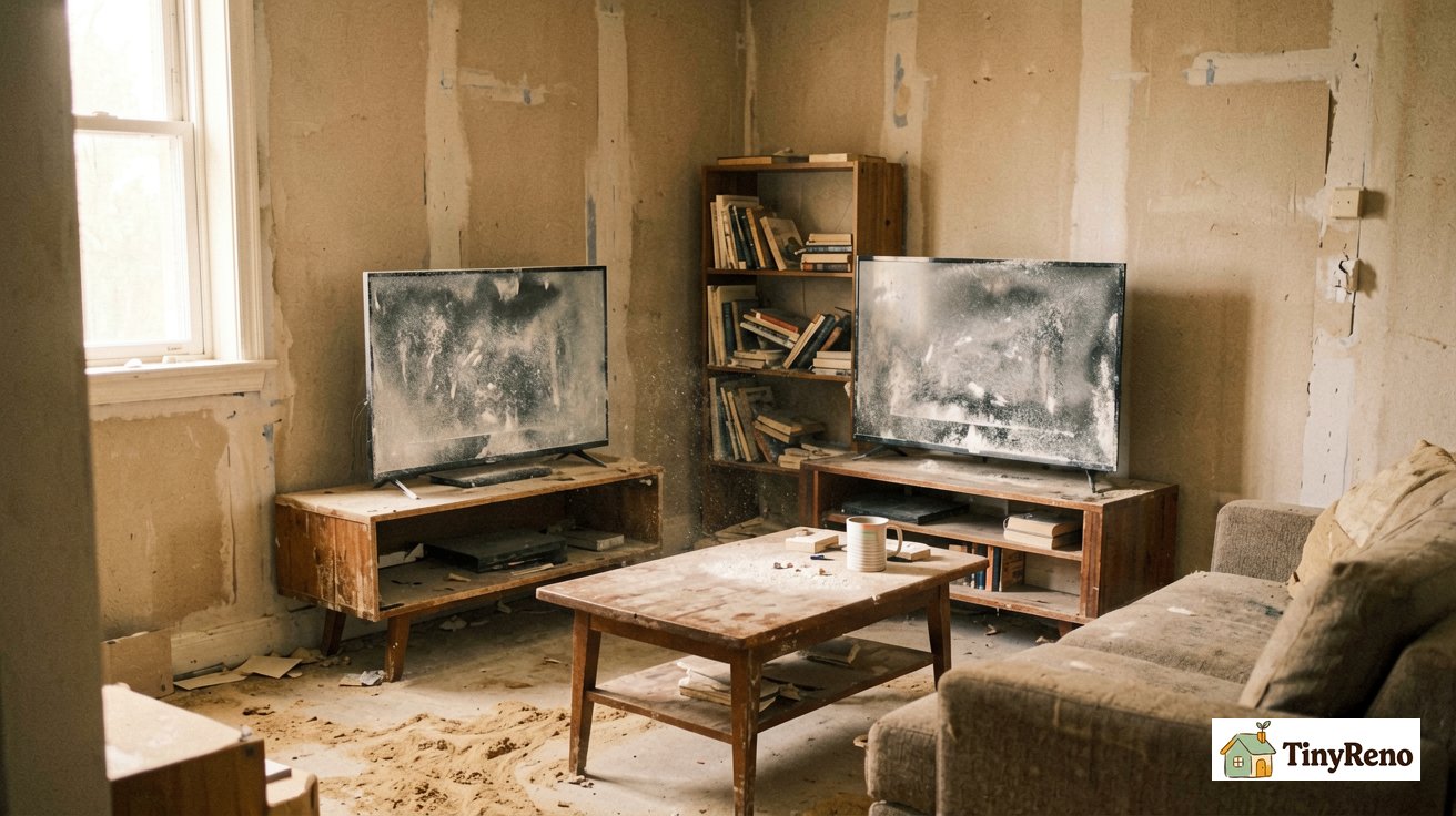 A dusty apartment living room after dry sanding, with white powder on every surface including the TV screen