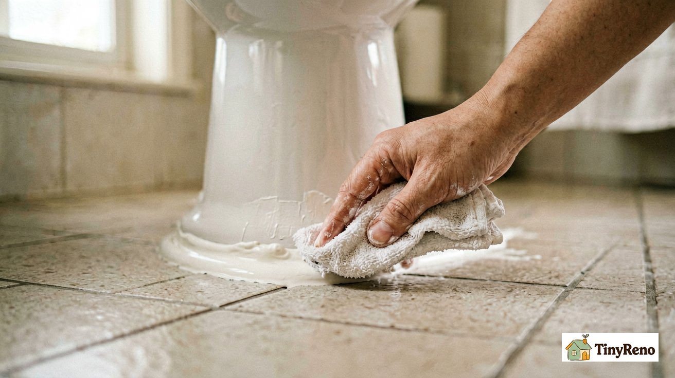 Finished smooth white caulk line around toilet base after pulling painter's tape