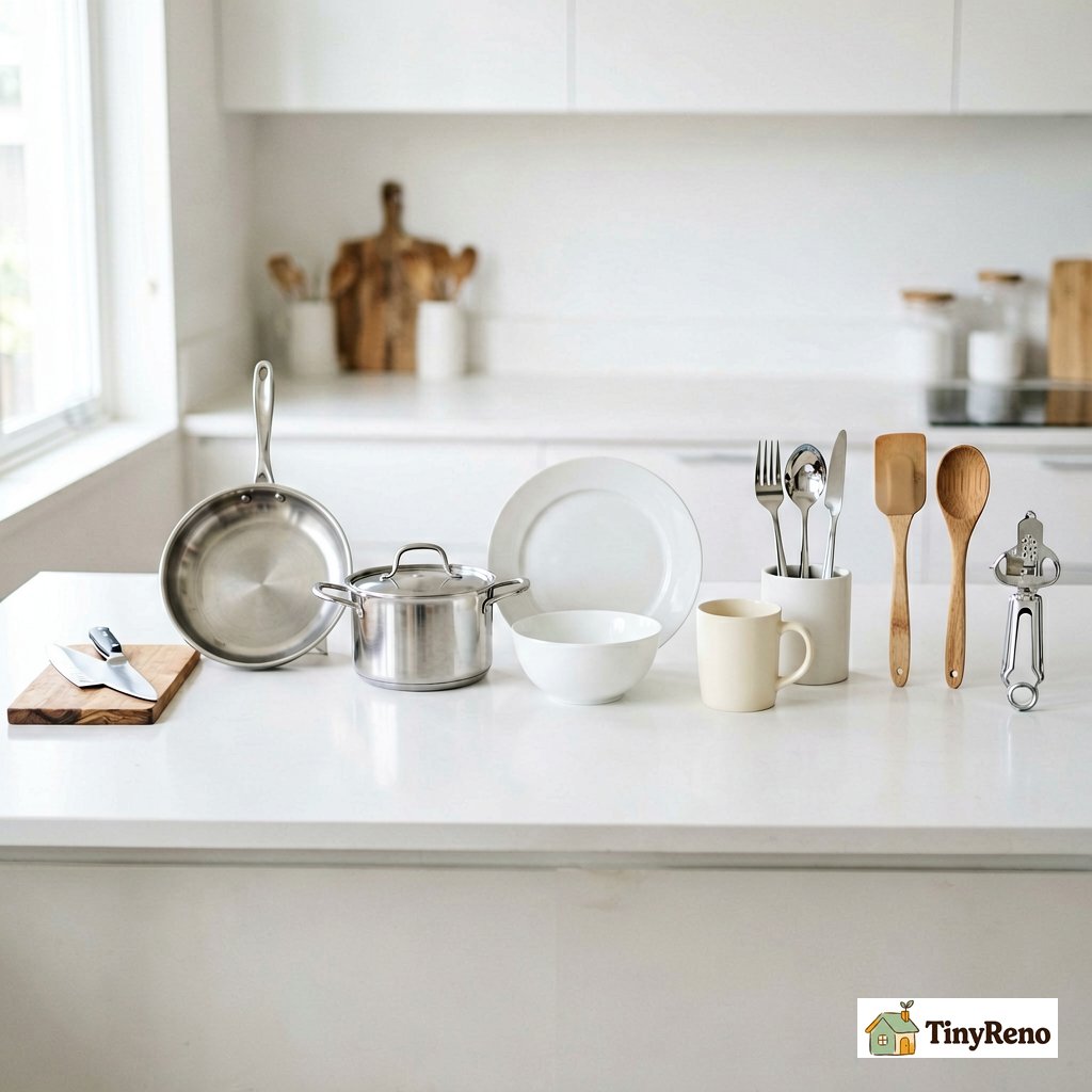 Ten essential first apartment kitchen items arranged in a single row on a white counter: chef knife, frying pan, saucepan, plate, bowl, mug, three utensils in a caddy, wooden spatula, wooden spoon