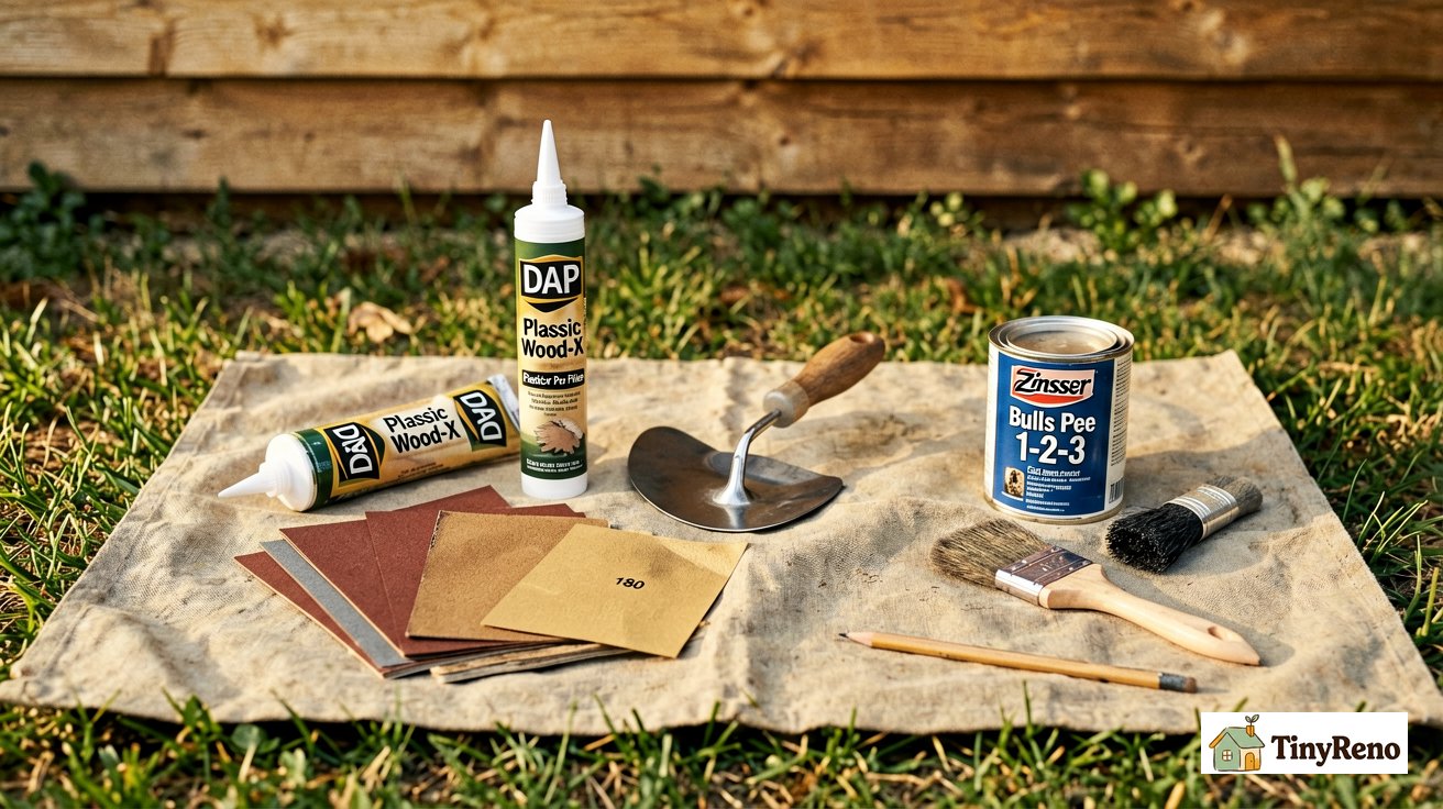 Wood siding repair materials laid out on drop cloth including wood filler caulk sandpaper primer and brush