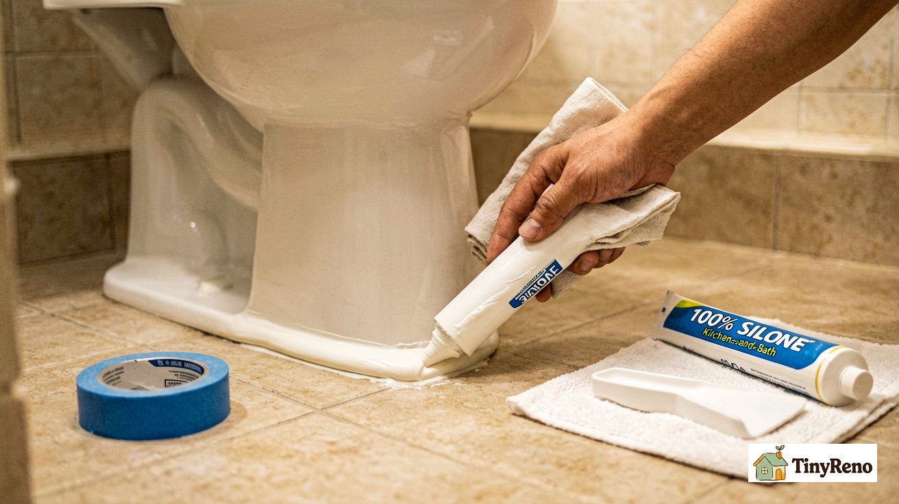 Caulk gun with silicone tube and painter's tape strips applied to floor around toilet base