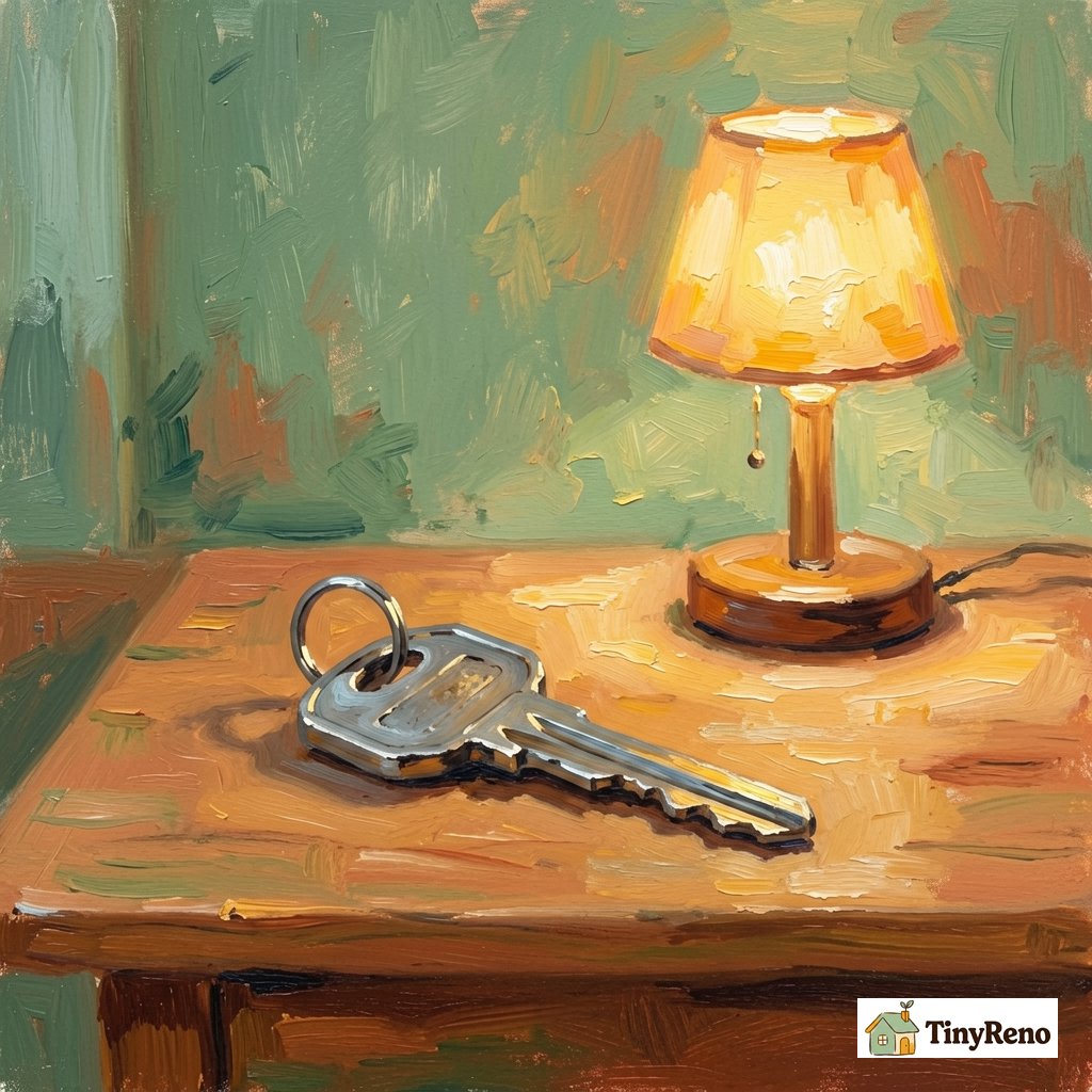 Soft impressionist oil painting of a single apartment key next to a small desk lamp on a warm wooden surface, sage green and terracotta palette