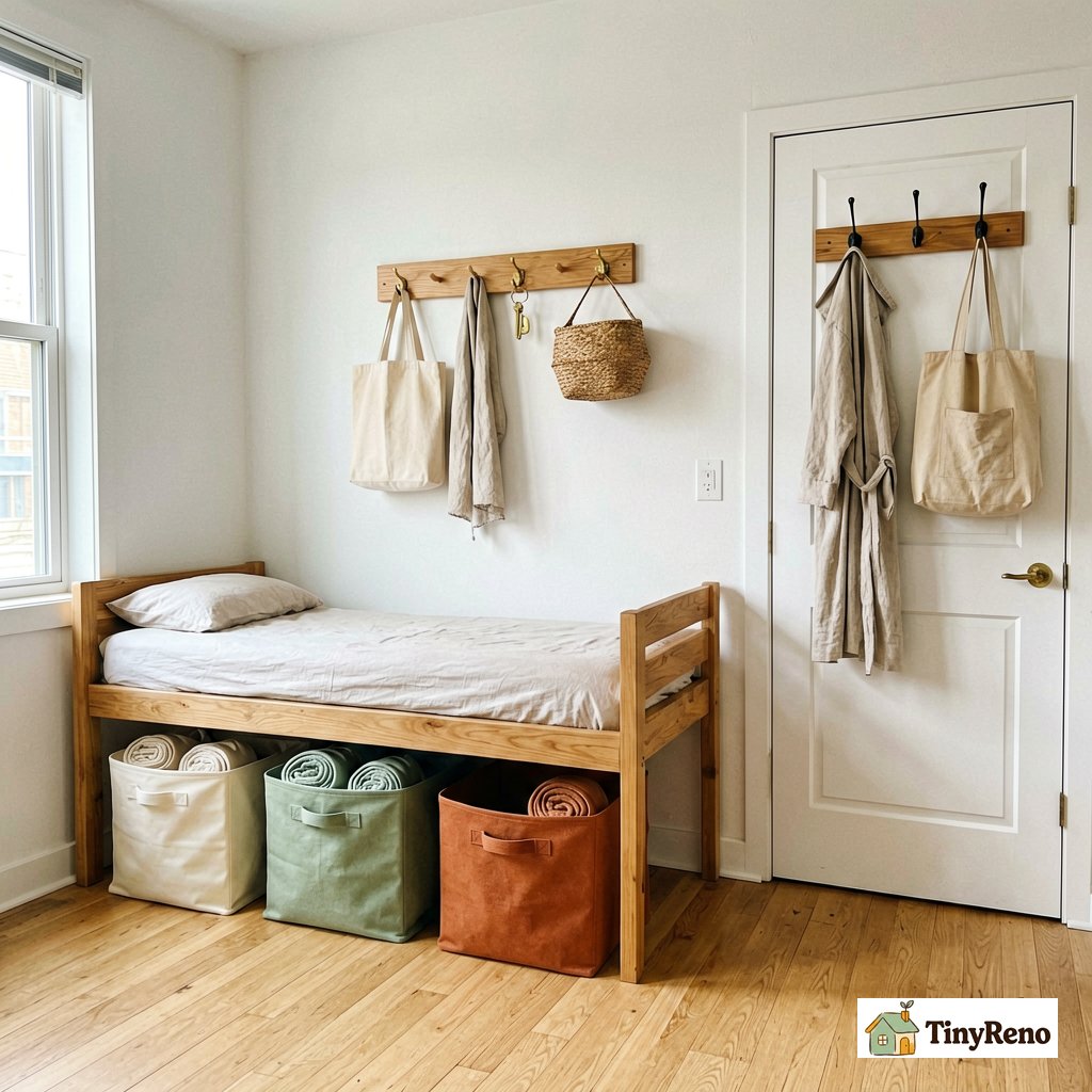 Bright candid iPhone photo of three modern storage solutions in a small NYC studio: under a low wooden daybed three plain fabric storage bins in cream sage and terracotta rolled partially out, on a white wall above the daybed a small wooden peg rail with four items hanging (canvas tote, linen scarf, brass key hook, woven basket), on the back of a white door a plain over-the-door hook rack with two items (linen robe, canvas bag)