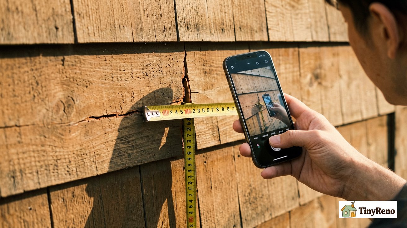 Renter photographing damaged wood siding with phone and measuring tape for documentation