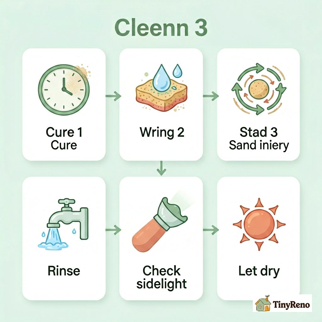 3 by 2 grid flowchart showing 6 wet sanding steps: 1. Cure, 2. Wring sponge, 3. Sand circles, 4. Rinse, 5. Check sidelight, 6. Let dry