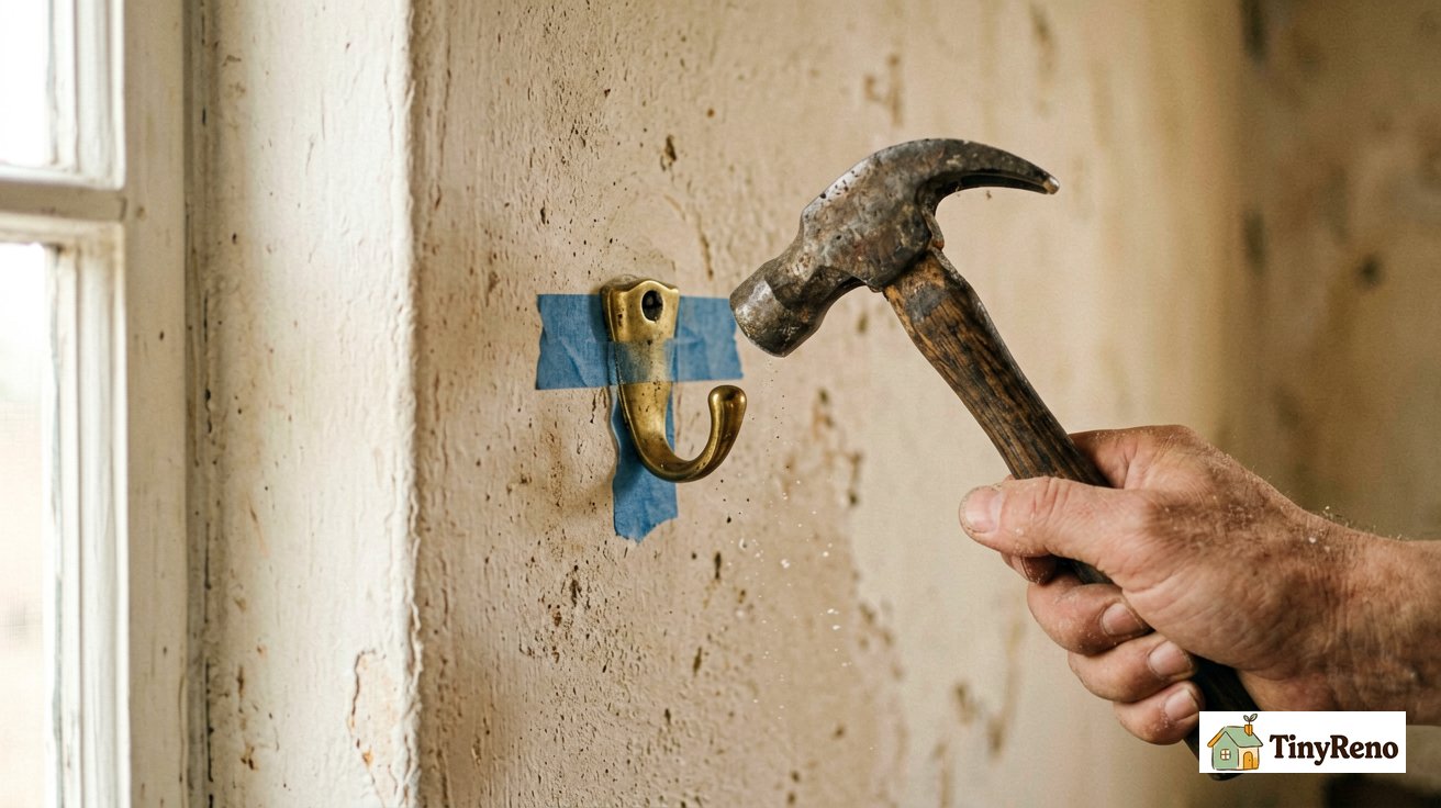 Close-up of a brass plaster hook tapped into old plaster wall with painter's tape marker