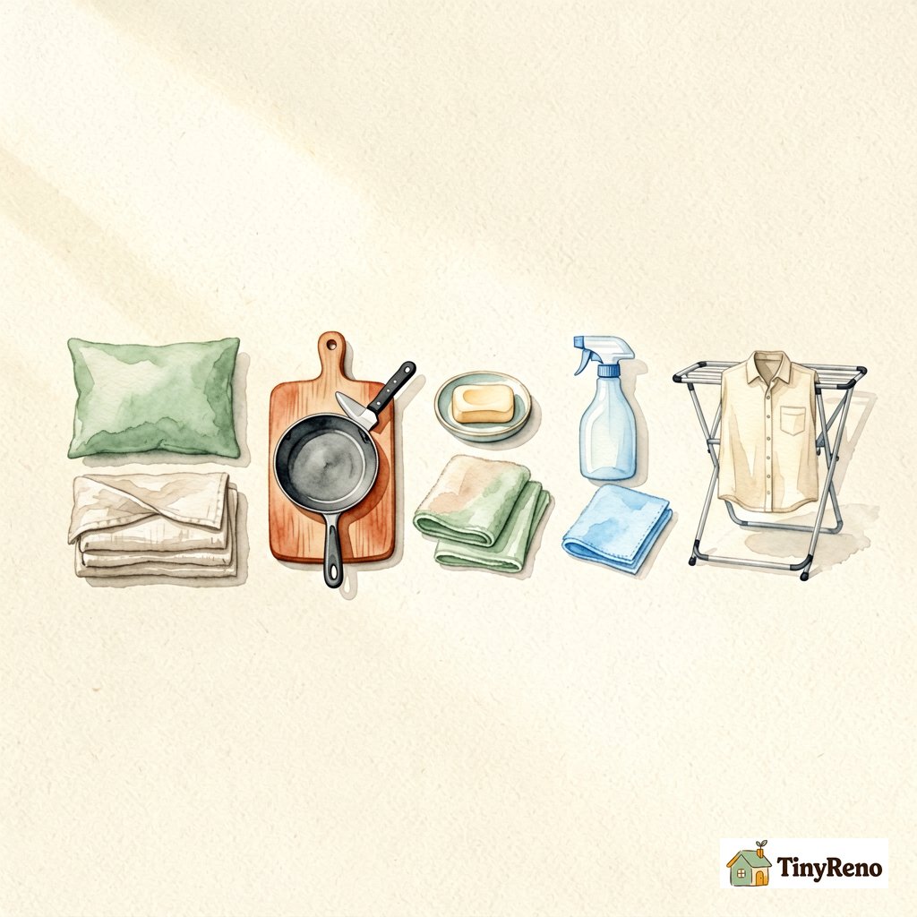 First apartment essentials watercolour flat lay: 5 grouped clusters of household items in sage green and terracotta on cream paper