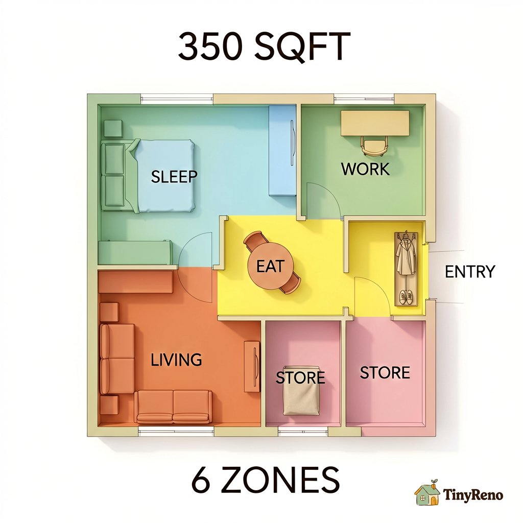 Architectural floor plan of a 350 square foot studio apartment divided into 6 zones with bright pastel color blocks and short word labels: SLEEP, WORK, EAT, ENTRY, LIVING, STORE