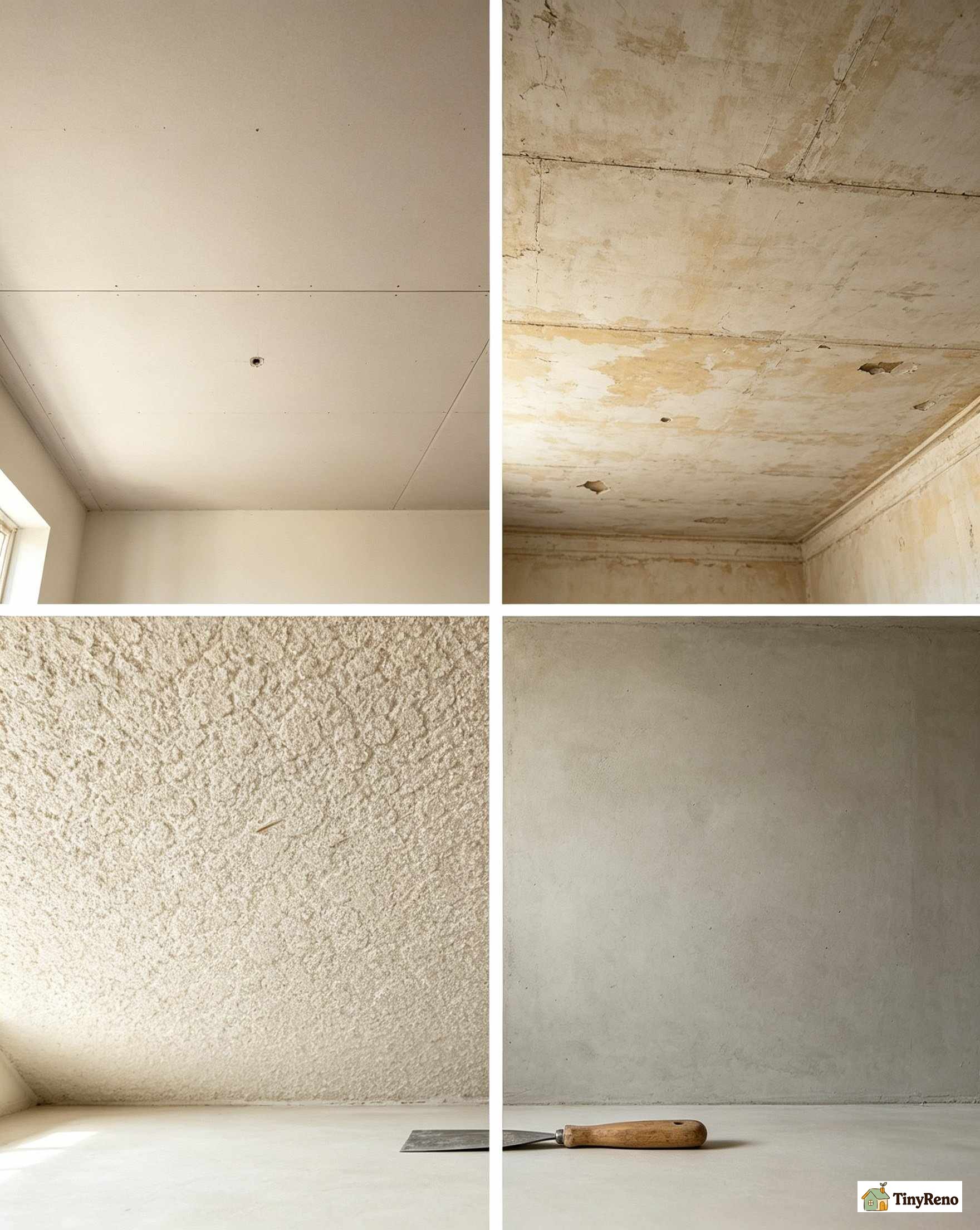 Four ceiling types shown in a 2x2 grid with soft warm lighting and neutral beige tones