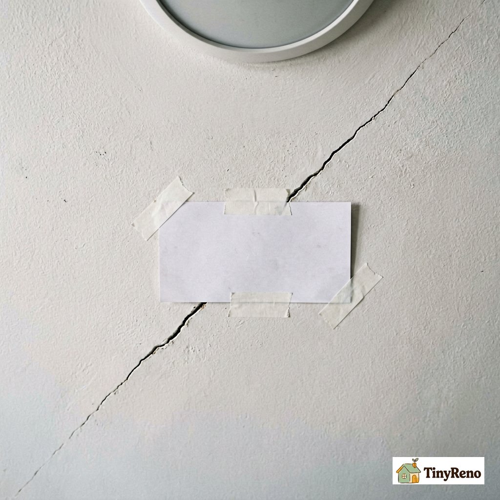 A small blank paper strip taped across a thin ceiling crack viewed from below with a ceiling light fixture visible at the top