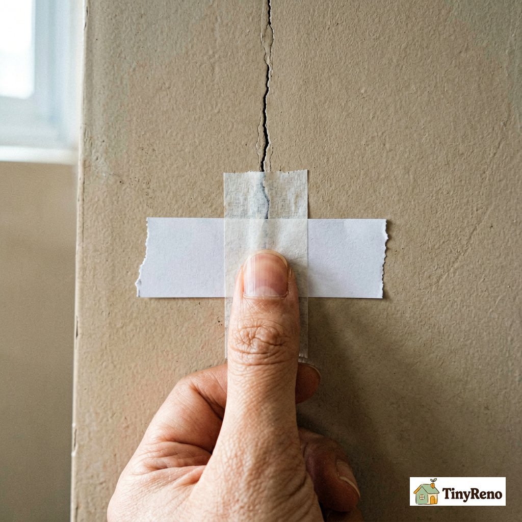 A thumb pressing firmly on a thin vertical wall crack with a blank paper strip taped next to it