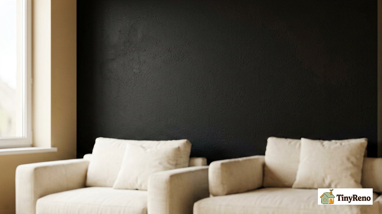 Close-up of a freshly painted black wall showing subtle roller texture and soft warm ambient light