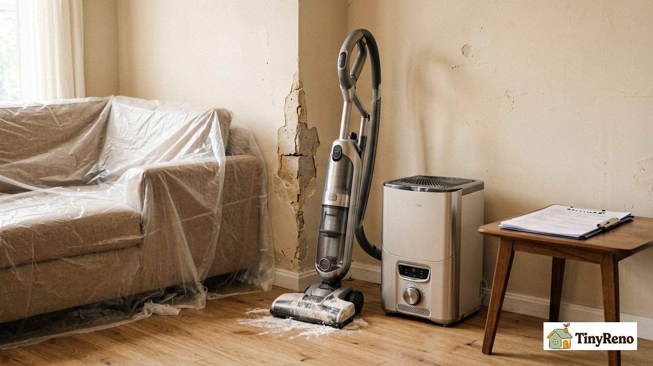 A wet-dry shop vacuum and dehumidifier placed in a corner near a wall, with painter's plastic and documentation folder visible