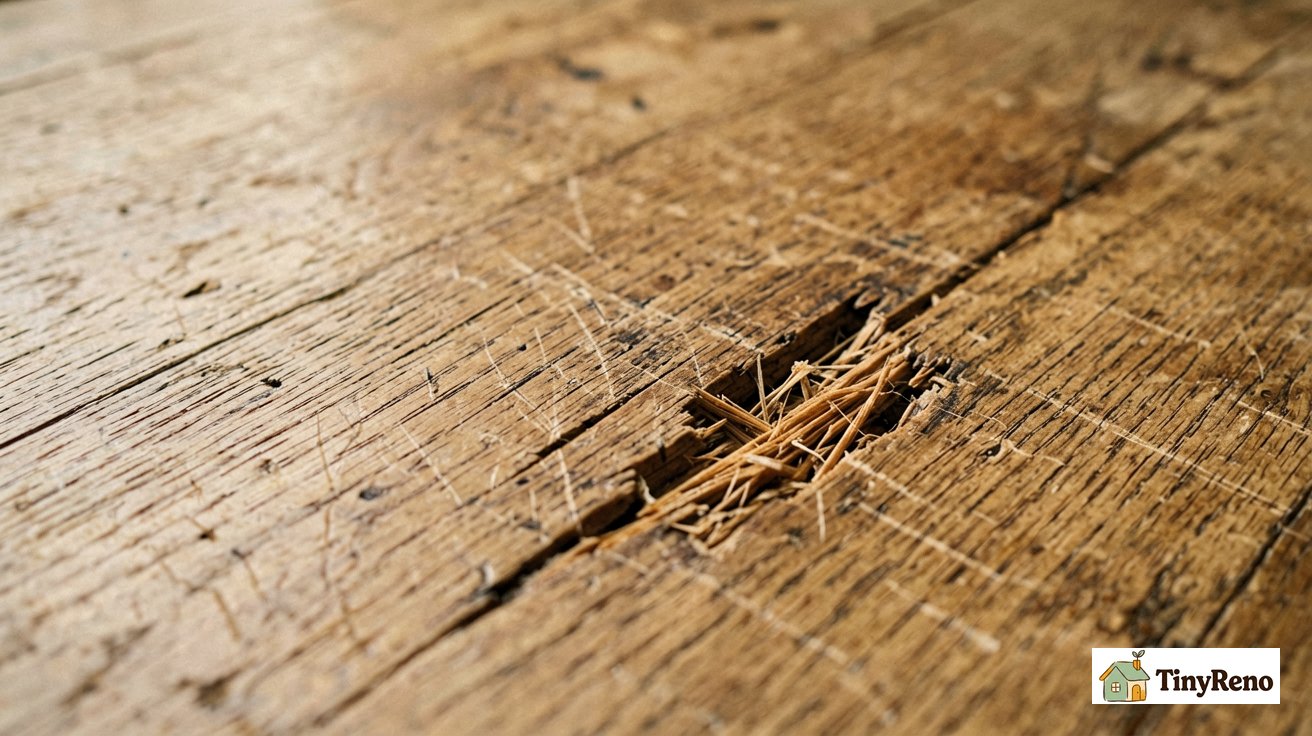 A close-up of hardwood floor showing different levels of scratches and surface wear, warm natural lighting