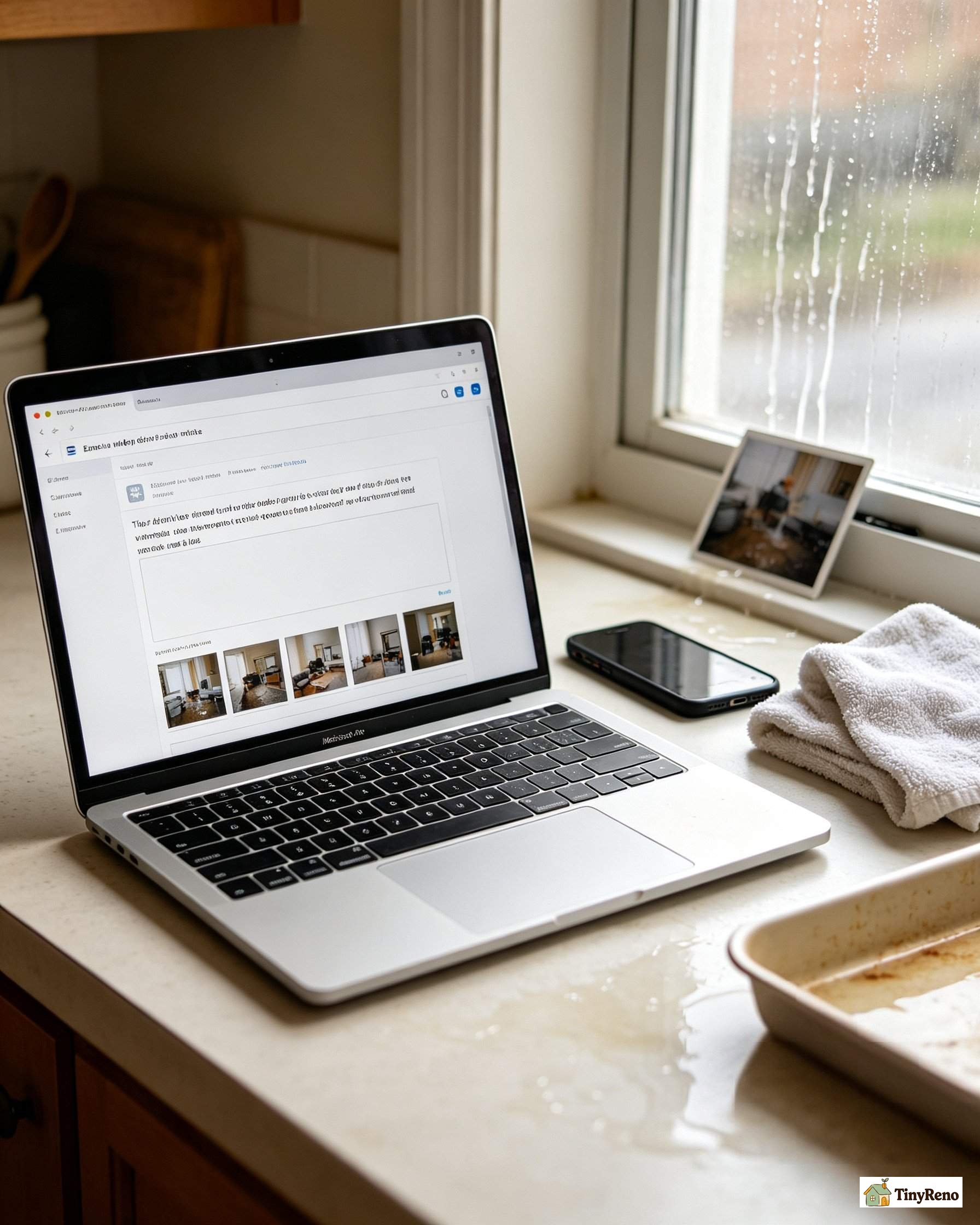 Laptop screen showing a maintenance request email to a landlord about a window leak