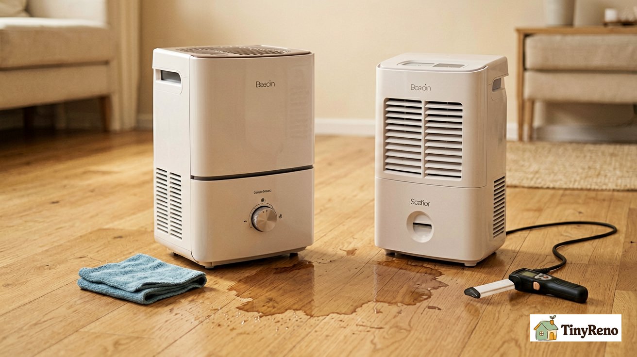 A close-up of a dehumidifier and box fan setup in a room with hardwood floor water damage, modern minimalist style