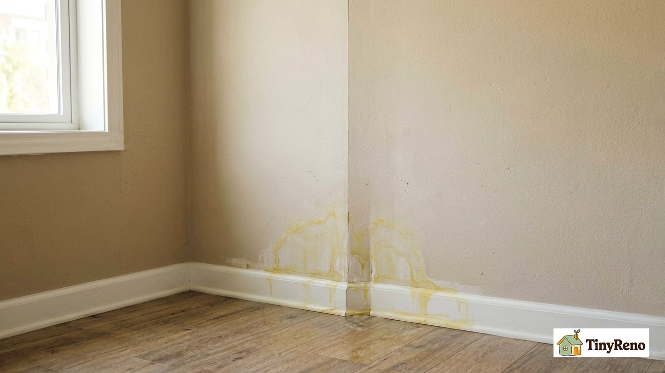 A real apartment living room corner with subtle yellowish water staining on drywall near baseboard, soft natural daylight