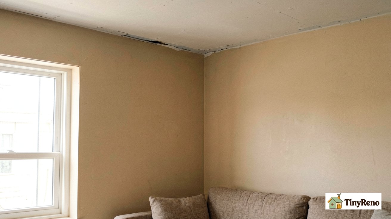 An apartment living room corner showing a small gap between the drywall and ceiling with warm beige walls