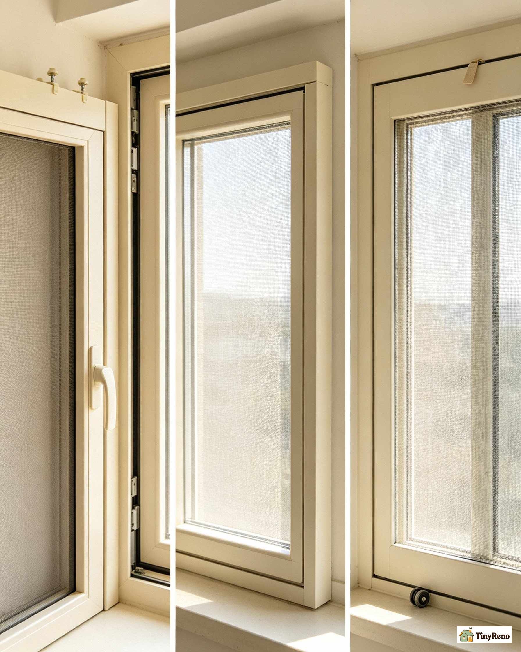 Three common window screen types side by side: spring-pull, flat push-in, and sliding-door style