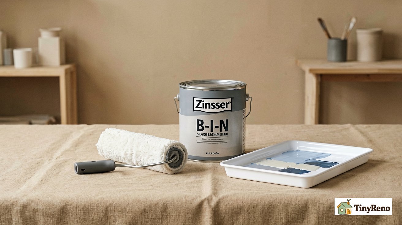 Zinsser B-I-N primer can with a microfiber roller and paint tray laid out on a drop cloth
