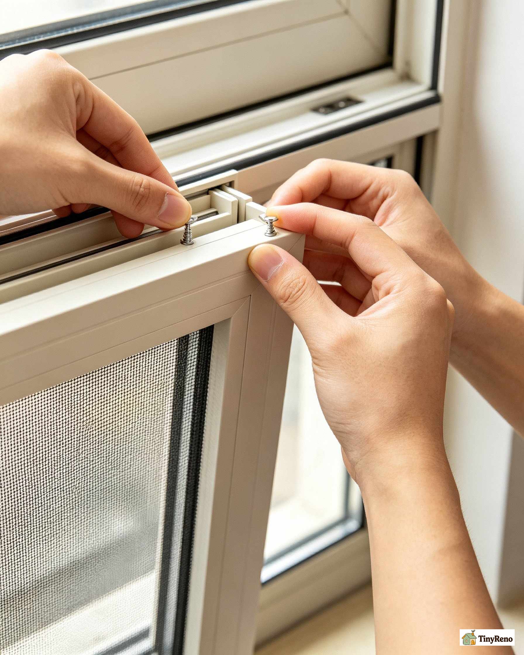Hand pressing spring tabs on a window screen to compress and seat the screen
