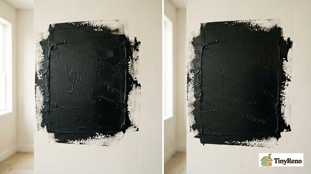 A close-up comparison showing black paint application mistakes: roller marks, patchy coverage, and uneven edges